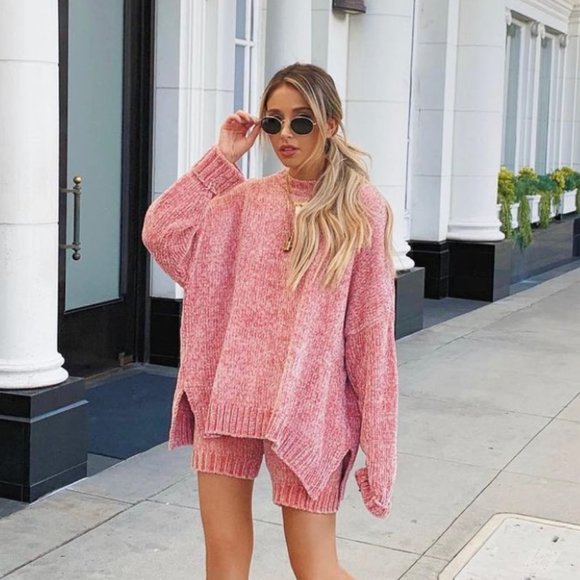 Missguided Mauve Pink Chenille Crewneck and Short Set - Picture 1 of 6